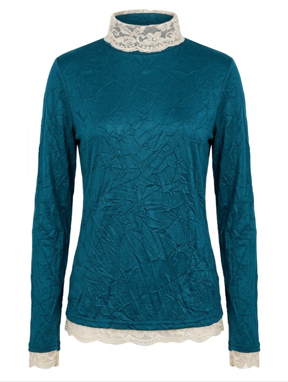 Vintage Lace Trim Turtleneck Teal Top Long Sleeve Romantic Feminine Blouse
